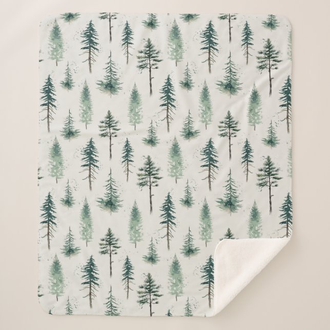 Cobertor Sherpa Padrão de Feriado das Árvores de Natal em Aquarela (Frente)
