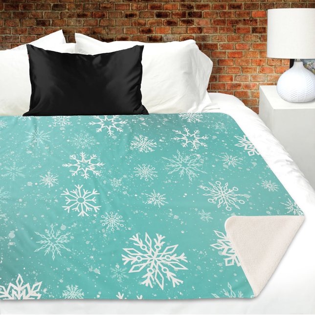 Cobertor Sherpa Padrão de Flocos de Neve Azul Verde Inverno Suave  (Criador carregado)