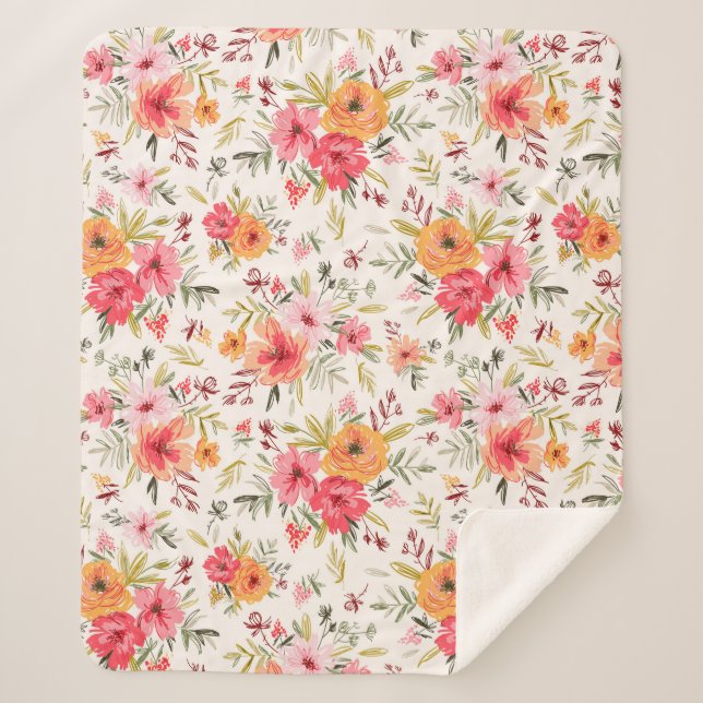 Cobertor Sherpa Padrão de Flor do Jardim de Portos Laranja (Frente)