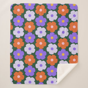 Cobertor Sherpa Padrão de Flor Retro Cugado em Roxo e Verde  