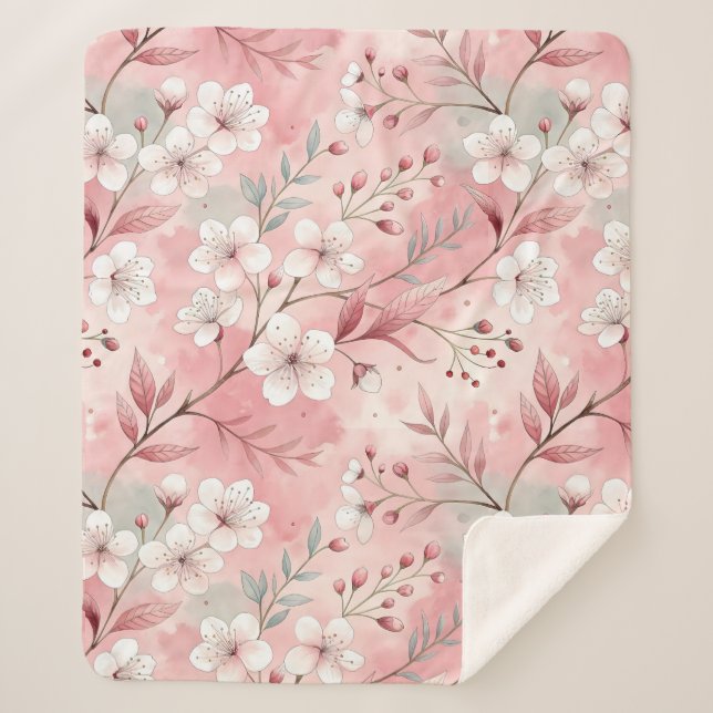Cobertor Sherpa Padrão de flor sakura cor-de-rosa (Frente)