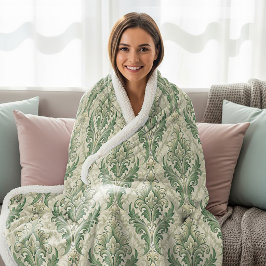 Cobertor Sherpa Padrão de Flores Botânicas Vintage Verde e Bege