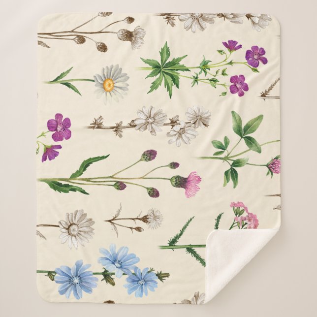 Cobertor Sherpa Padrão de flores silvestres de aquarela. (Frente)