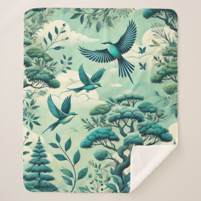 Cobertor Sherpa Padrão de Floresta Verde e Aves (Frente)