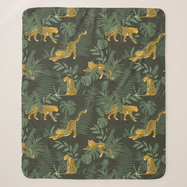 Cobertor Sherpa Padrão de Folhas de Monstera Verde da Selva Jaguar (Frente)