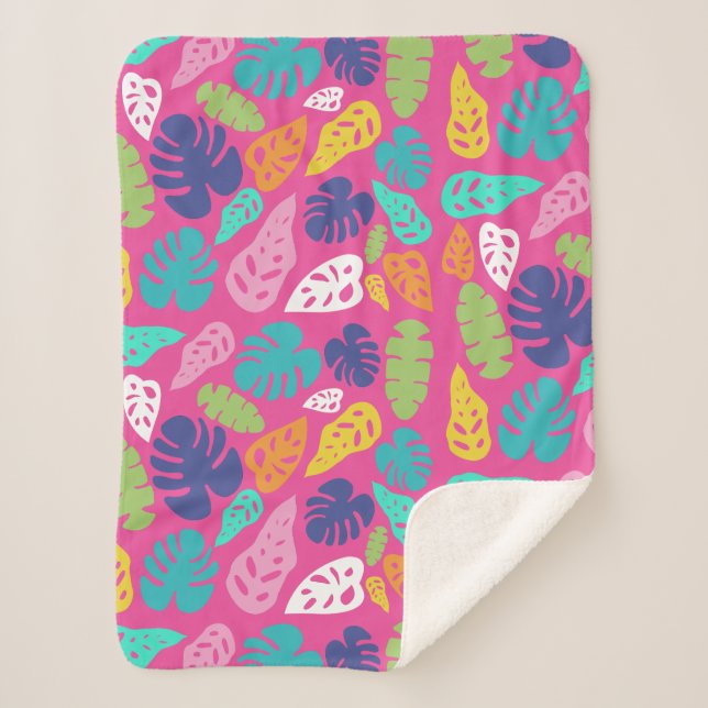 Cobertor Sherpa Padrão de Folhas Tropicais de Verão Brilhantes (Frente)