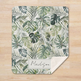 Cobertor Sherpa Padrão de Folhas Tropicais Verde de Aquarela