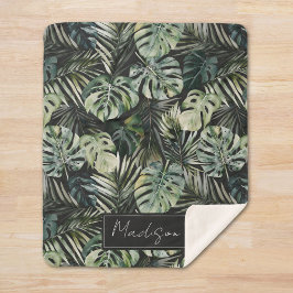 Cobertor Sherpa Padrão de Folhas Tropicais Verde de Aquarela