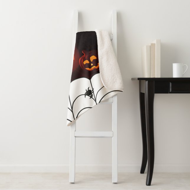 Cobertor Sherpa Padrão de Halloween com Pumpkins e Aranhas (In Situ)