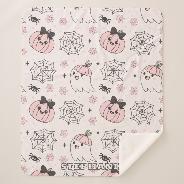 Cobertor Sherpa Padrão de Halloween Rosa de Kawaii com Fantasma, A (Frente)
