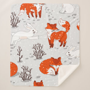 Cobertor Sherpa Padrão de inverno sem costura com raposas e coelh