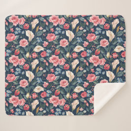 Cobertor Sherpa Padrão de Jardim Floral Azul Naval Romântico