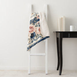 Cobertor Sherpa Padrão de Listra Floral Azul Marinho em Aquarela