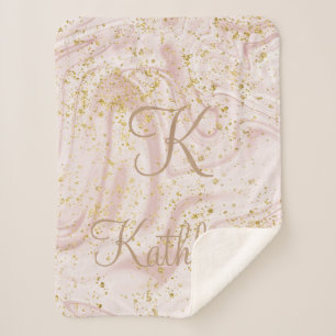 Cobertor Sherpa Padrão de mármore rosa e branco com brilho dourado