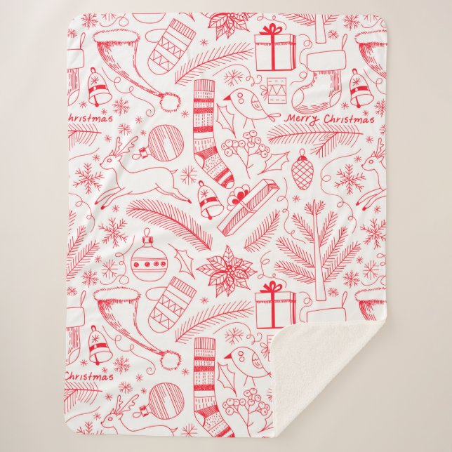 Cobertor Sherpa Padrão de Natal de rabisco vermelho (Frente)