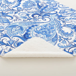 Cobertor Sherpa Padrão de Paisley Branco Azul Gordo
