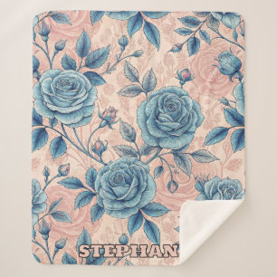 Cobertor Sherpa Padrão de Rosa Azul Retroativo no Fundo Cor-de-Ros
