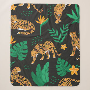 Cobertor Sherpa Padrão de safra com leopardos e folhas tropicais