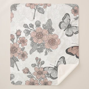 Cobertor Sherpa Padrão de Toile de Borboleta Botânica Vintage (2)