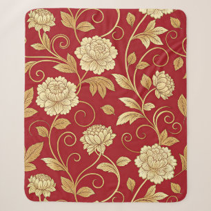 Cobertor Sherpa Padrão de Videira Floral Carmesim Elegante