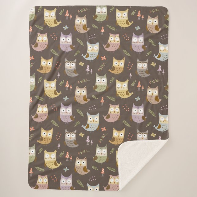 Cobertor Sherpa Padrão de Woodland Owl, Crianças Brown (Frente)