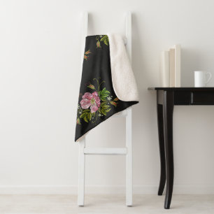 Cobertor Sherpa Padrão do bordado floral elegante em preto