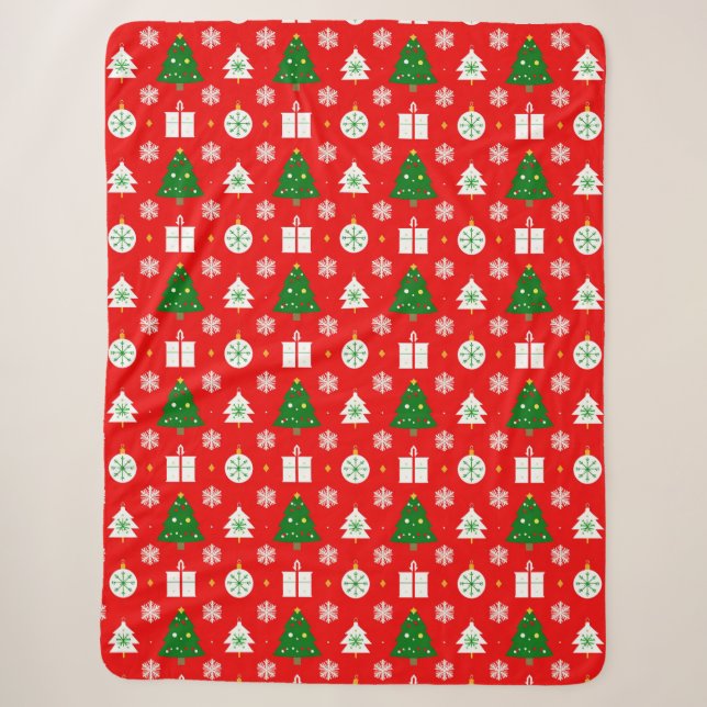 Cobertor Sherpa Padrão Festivo de Natal com Árvores, Flocos de Nev (Frente)