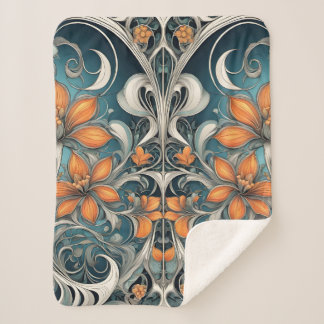 Cobertor Sherpa Padrão floral Art Nouveau em azul turquesa e laran