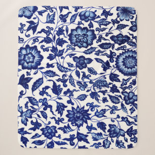 Cobertor Sherpa Padrão floral azul-marinho chinês em branco