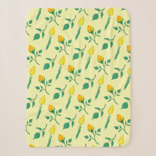 Cobertor Sherpa Padrão floral com rosa amarela e flores tulipas