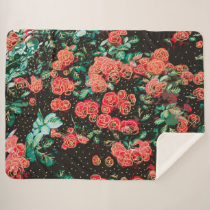 Cobertor Sherpa Padrão Floral de Bolinhas Rosas Vermelhas Escuras