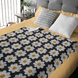 Cobertor Sherpa Padrão Floral de Dahlia Branca em Preto