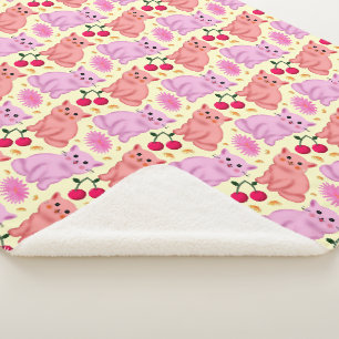 Cobertor Sherpa Padrão Floral de Gatinho Fofo Cereja   Kawaii Kitt