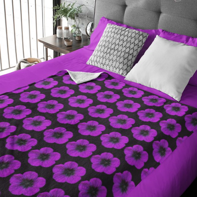Cobertor Sherpa Padrão Floral de Geranium roxo em preto (Criador carregado)