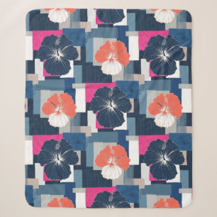 Cobertor Sherpa Padrão Floral de Hibisco Azul Elegante (1)