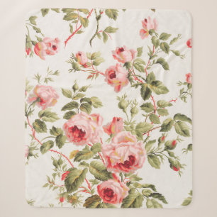 Cobertor Sherpa Padrão floral de rosas cor-de-rosa vintage