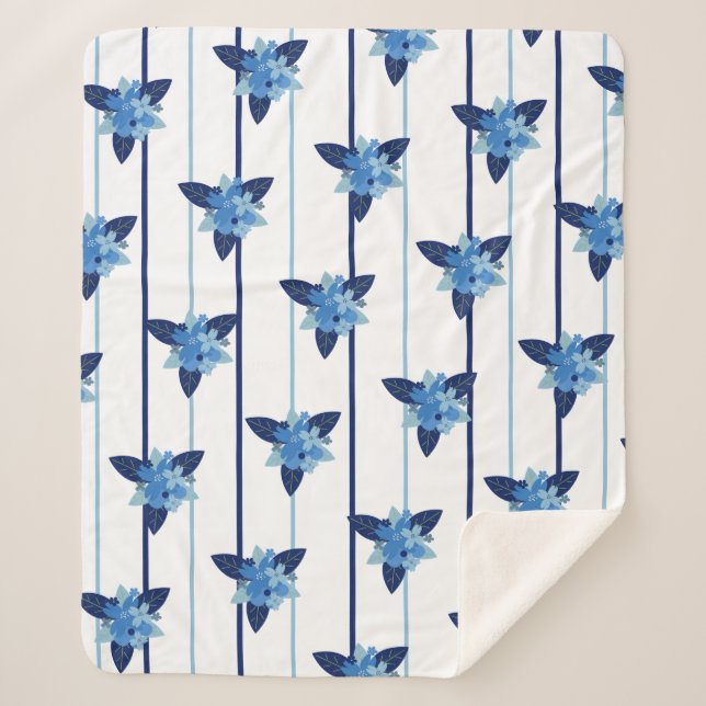 Cobertor Sherpa Padrão floral elegante com faixa monocromática azu (Frente)