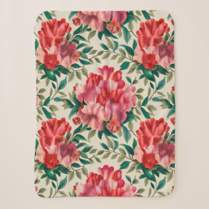 Cobertor Sherpa Padrão Floral Elegante com Flores Vermelhas e Rosa
