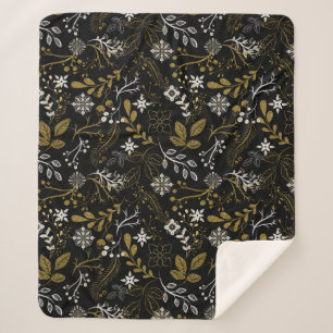 Cobertor Sherpa Padrão floral intrincado com dourado e branco