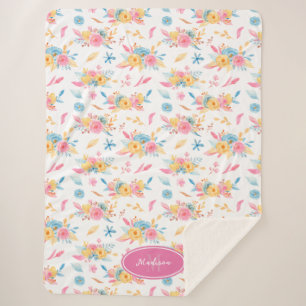 Cobertor Sherpa Padrão Floral Rosa bonito Monograma