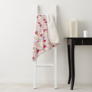 Cobertor Sherpa Padrão Floral Rosa Elegante Vintage e Borgonha