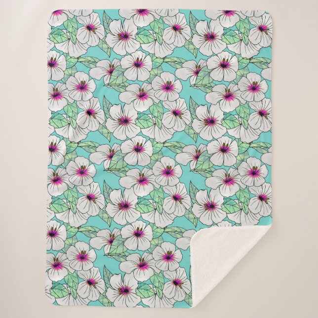 Cobertor Sherpa Padrão Floral Tropical de Hibiscus Rosa e Branco (Frente)