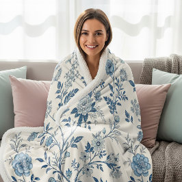 Cobertor Sherpa Padrão Floral Vintage Azul
