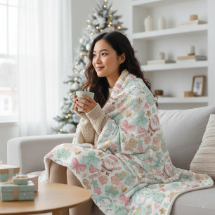 Cobertor Sherpa Padrão Fofo de Natal e Boneco de Neve Kawaii em Pa