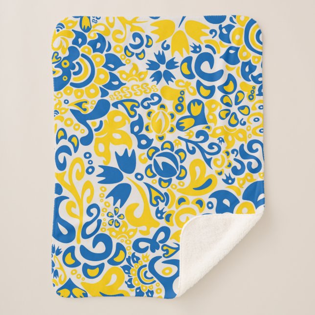 Cobertor Sherpa Padrão Folclore com cores de bandeira ucraniana (Frente)