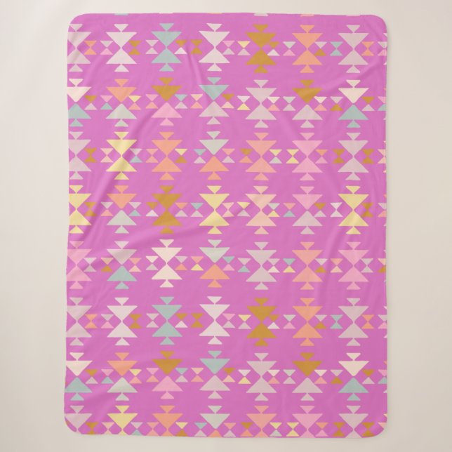 Cobertor Sherpa Padrão Geométrico Boho Moderno Rosa Roxo Confortáv (Frente)