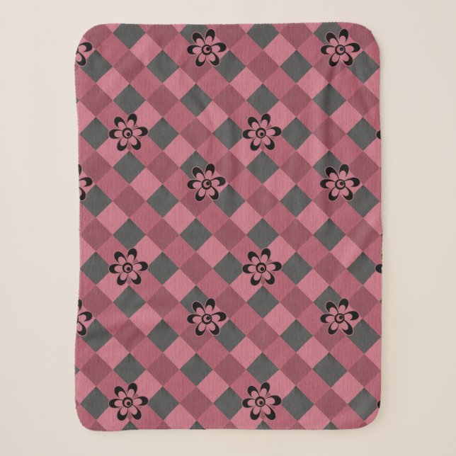 Cobertor Sherpa Padrão geométrico rosa-cinza com flores (Frente)