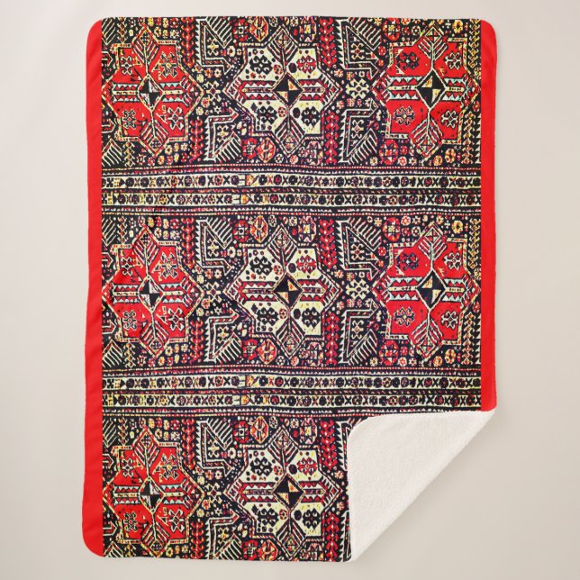 Cobertor Sherpa Padrão Geométrico Vermelho&Branco Oriental (Frente)