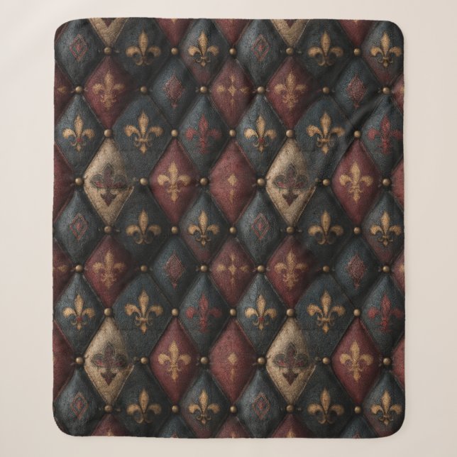 Cobertor Sherpa Padrão Harlequim de Fleur-de-Lis Embutido Medieval (Frente)