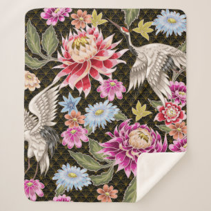 Cobertor Sherpa Padrão japonês com flores e gruas brancas